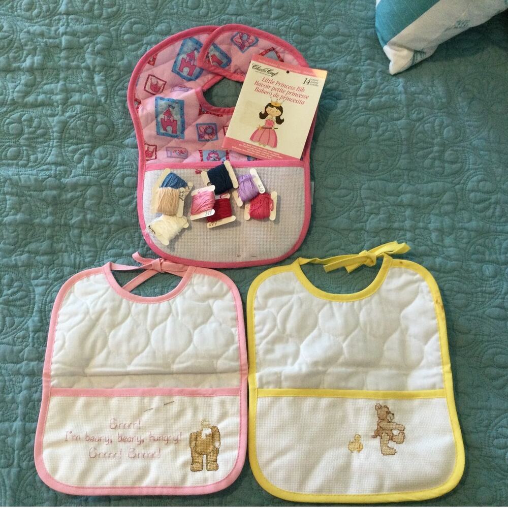 Baby Wares Cross Stitch Baby Girl Bibs Destash Lot of 3